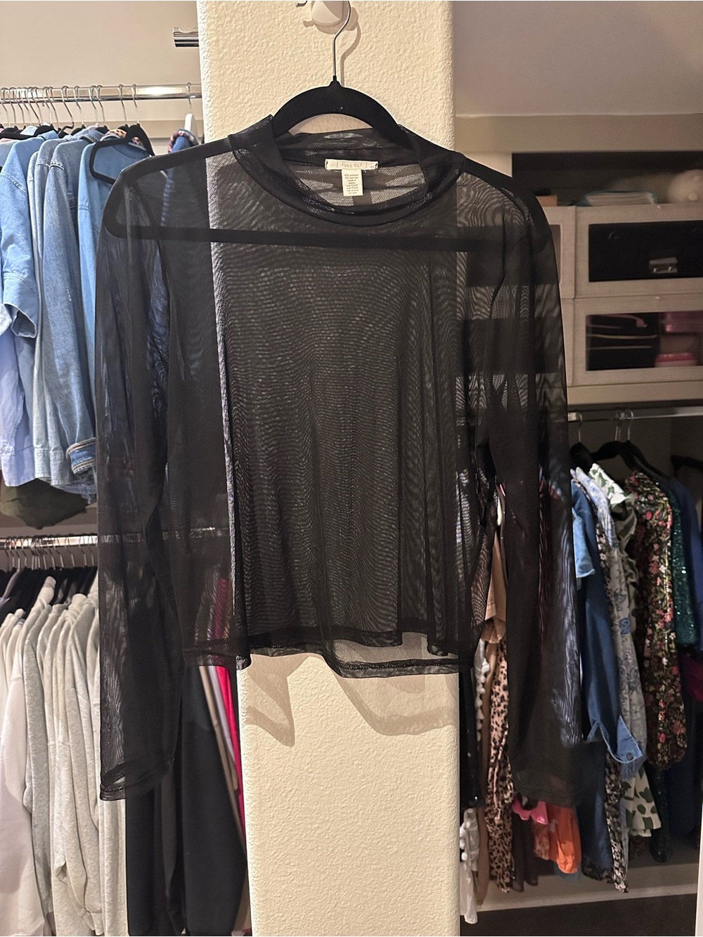 Full Tilt Sheer Black Mock Neck Long-Sleeve Mesh Top
